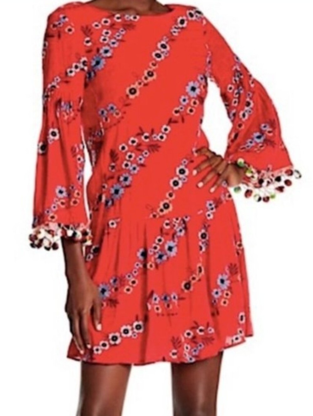 NICOLE MILLER Embroidered Lined Boho Pom Pom Dress 10
